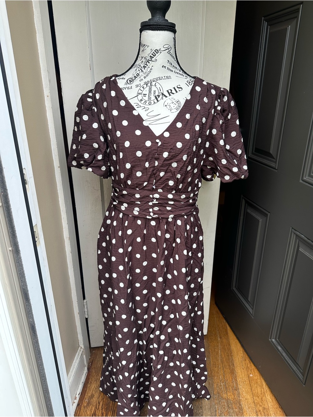 Rachel Zoe Women’s Small Brown White Polka Dot Midi Dress Puff Sleeve
